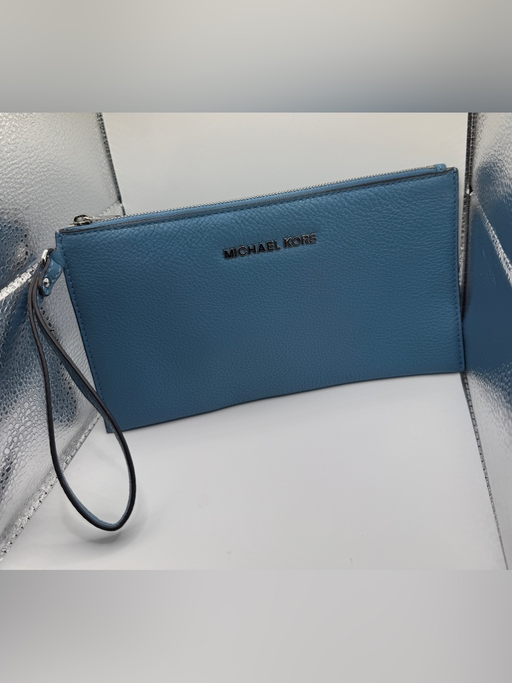 Michael Kors Blue Pebbled Leather Wristlet Clutch